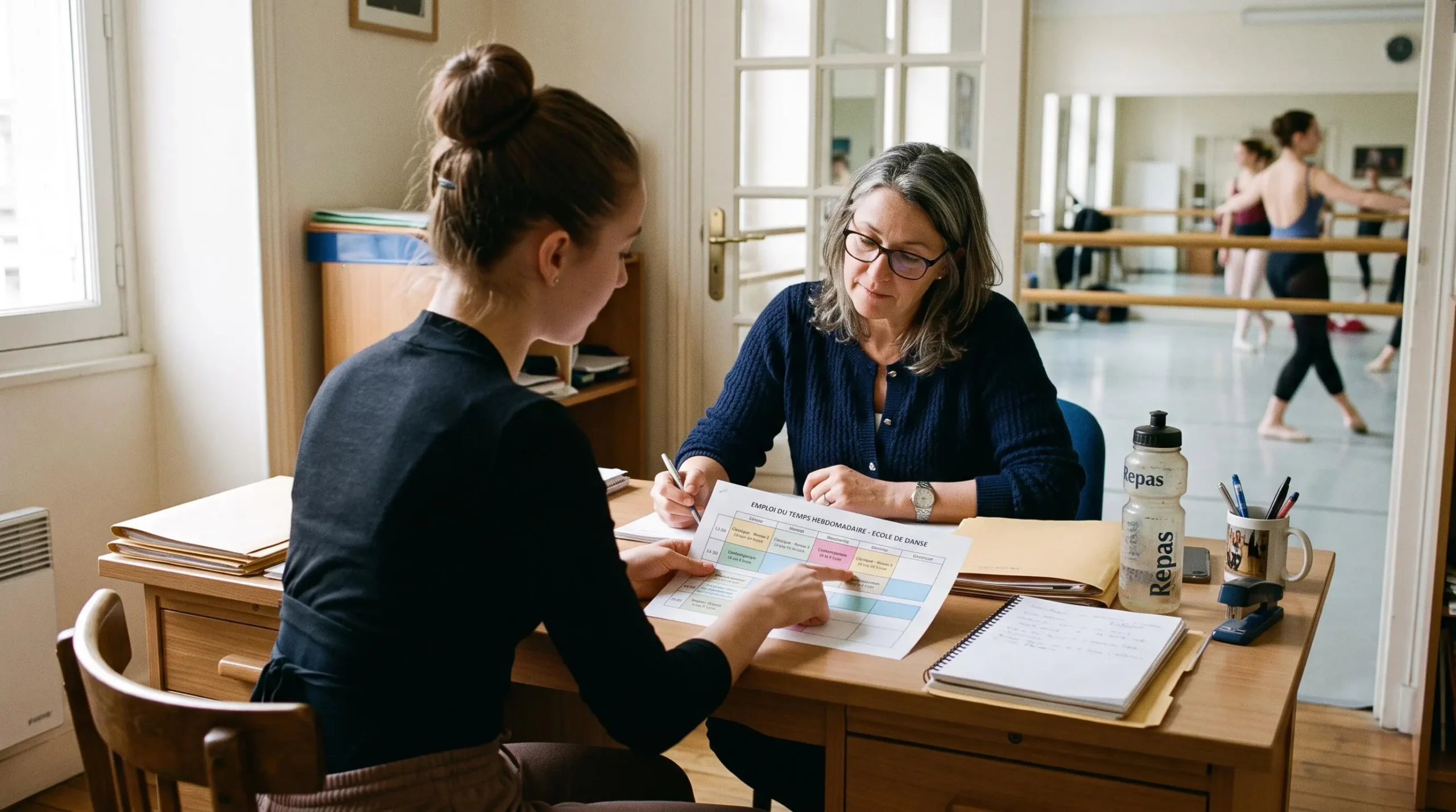 Danseuse et conseillère examinant ensemble un planning de parcours de formation