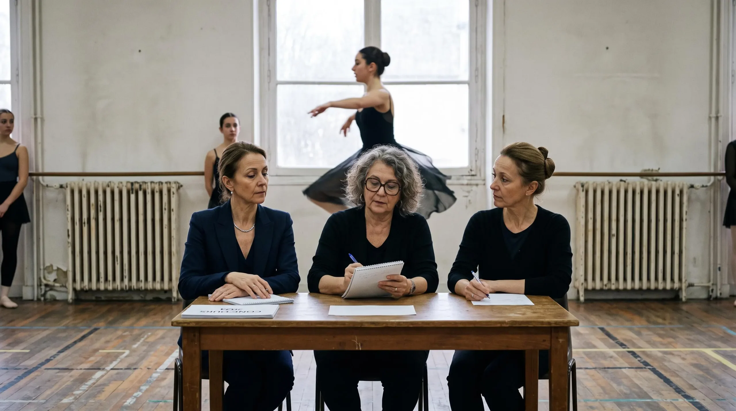 Jury d'instructeurs évaluant une candidate lors d'une audition de danse
